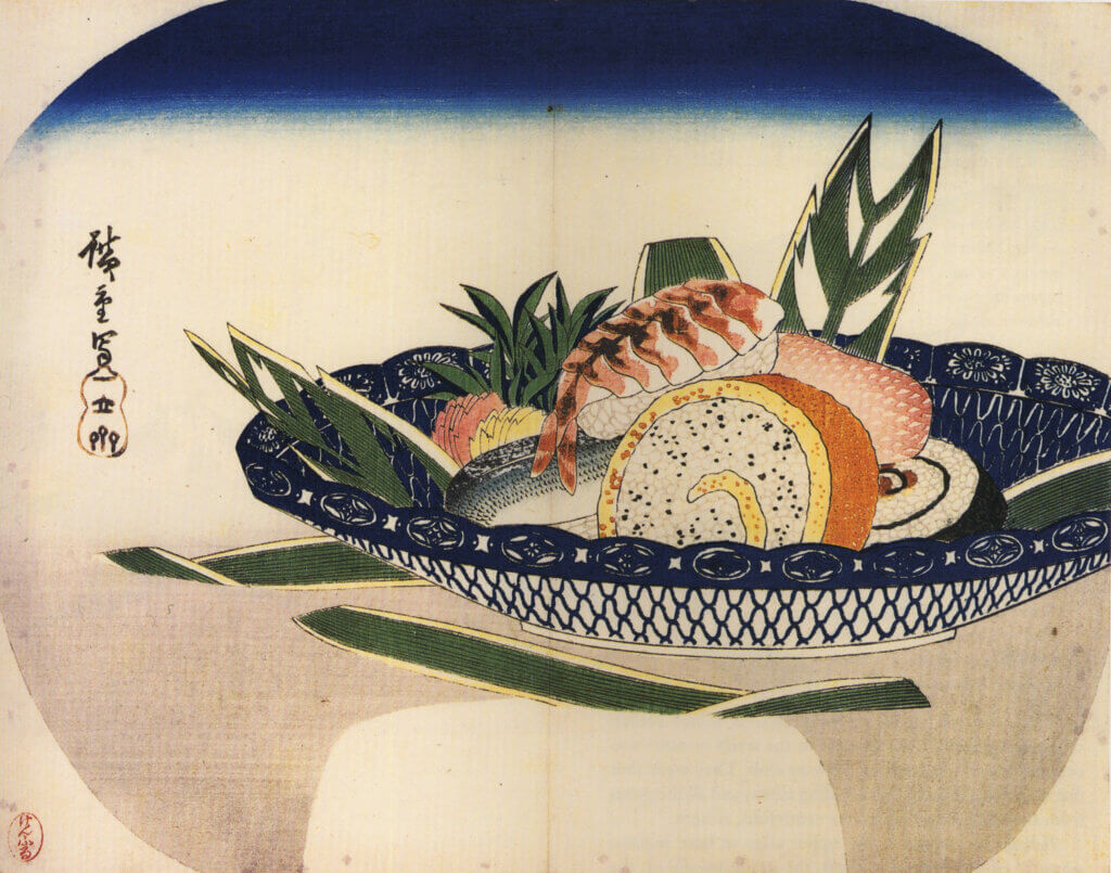 Bowl of Sushi by Hiroshige (1797–1858). Makizushi with rice rolled in tamagoyaki (front) and nigirizushi with shrimp (back).