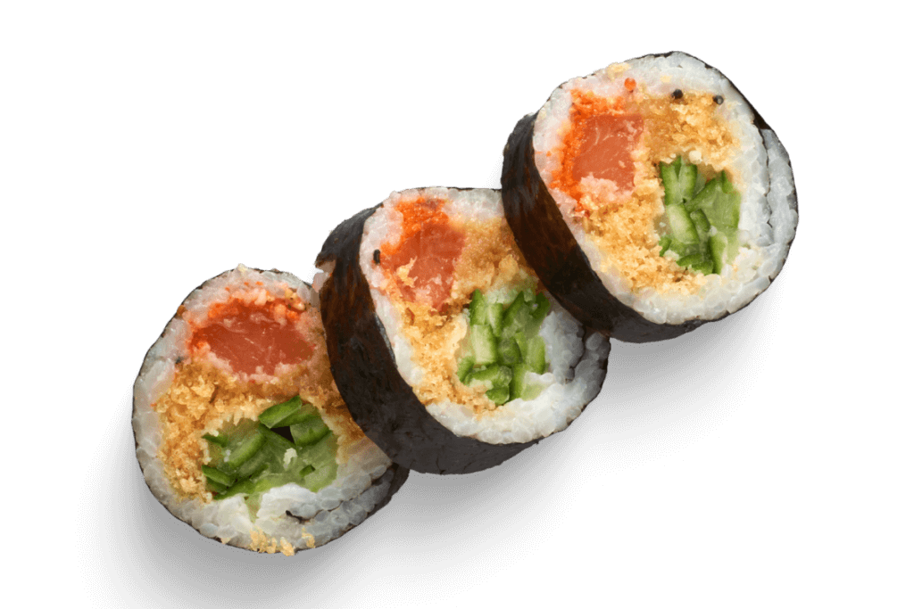 Deluxe futomaki roll featuring fresh salmon, crispy tempura flakes, tobiko, and cucumber wrapped in seaweed and rice